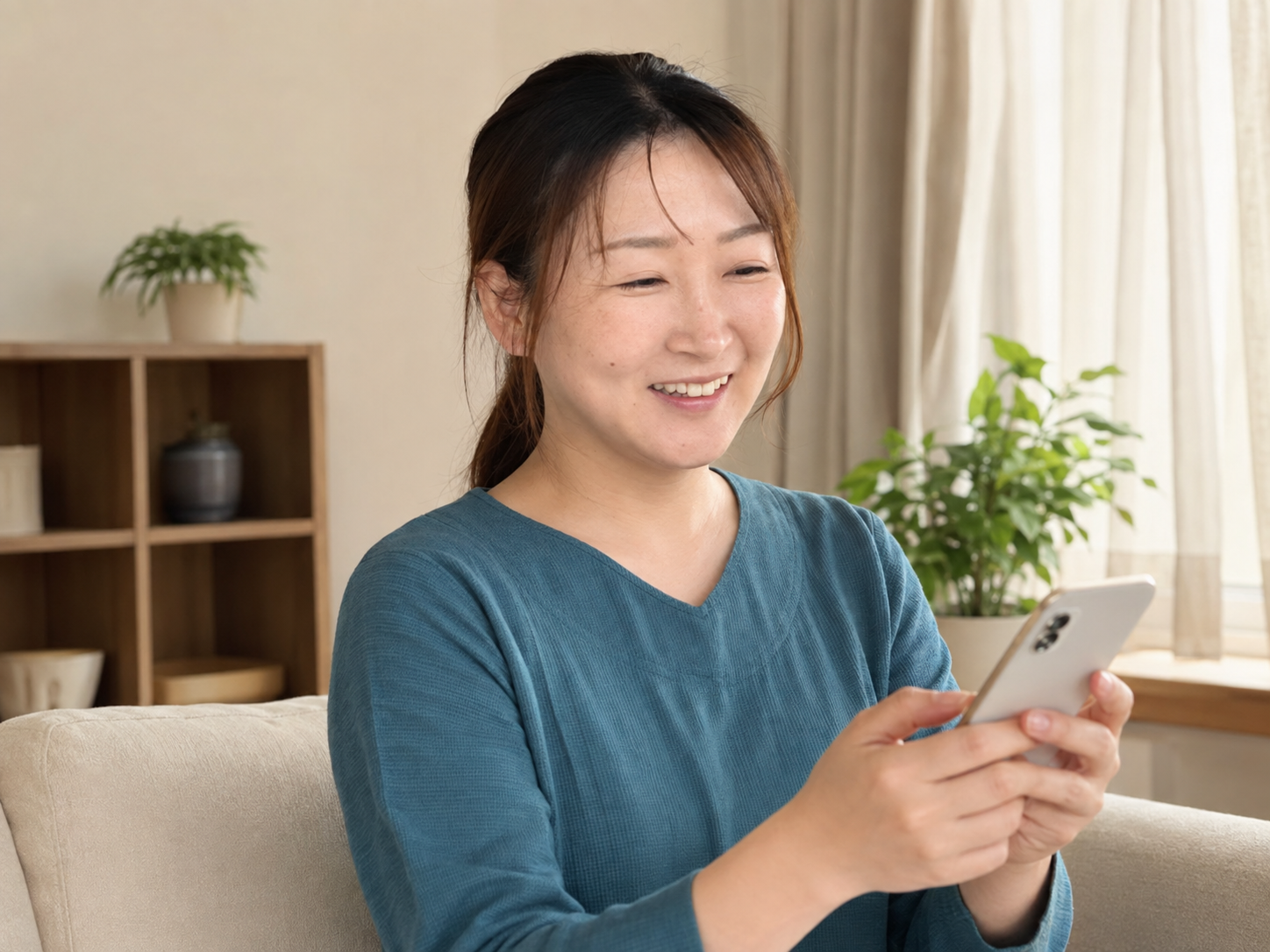 明るい部屋で穏やかに過ごす訪問看護師（経済的な安心感のイメージ）