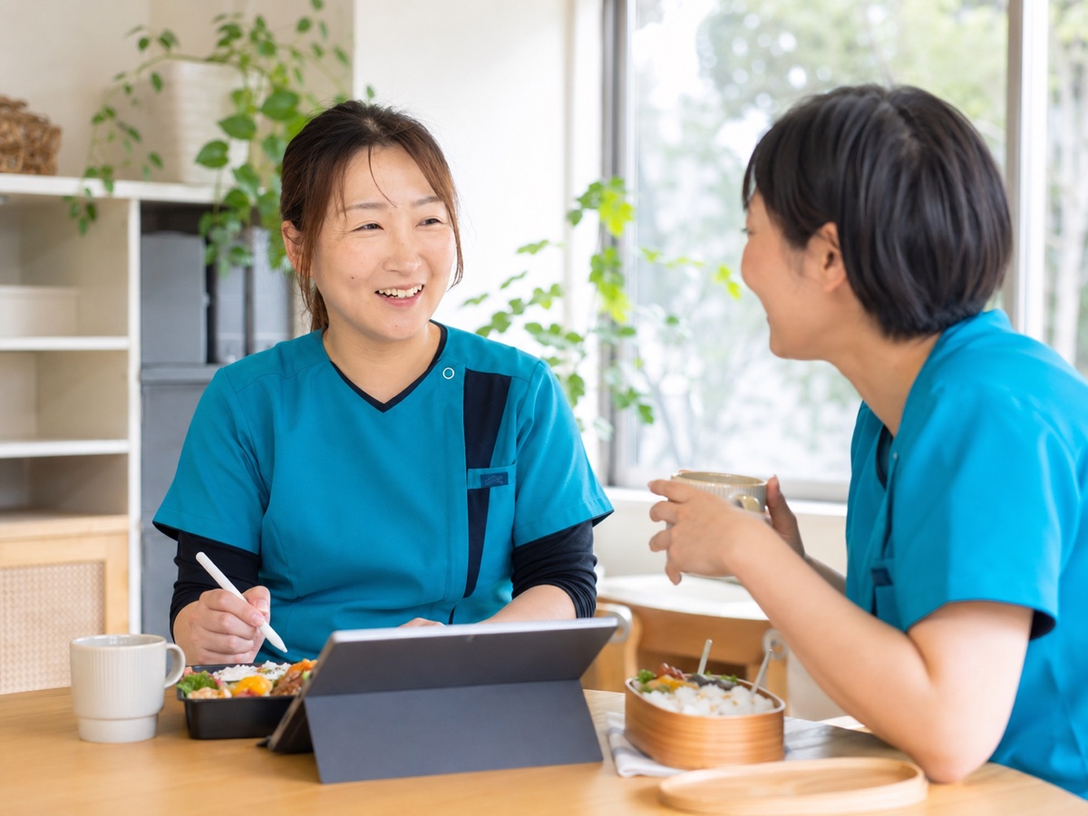 昼休みに談笑しながら昼食をとるいろはのスタッフ